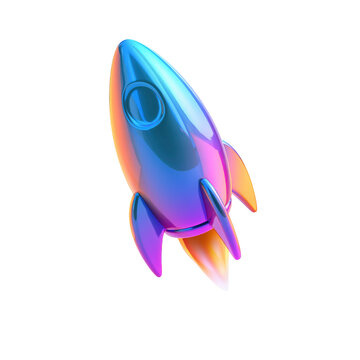 Holographic 3D rocket ship icon for startup business growth and space exploration concepts.