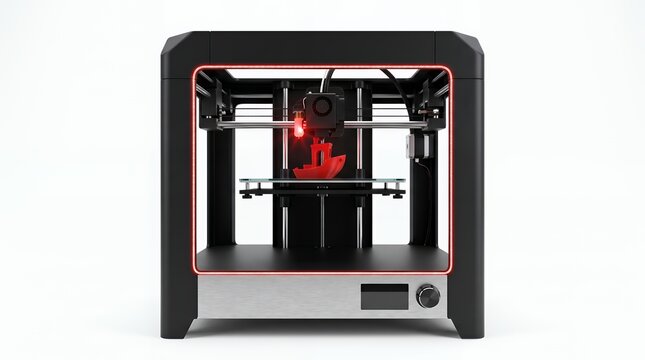 Black 3D Printer with Red Light Isolated on White Background