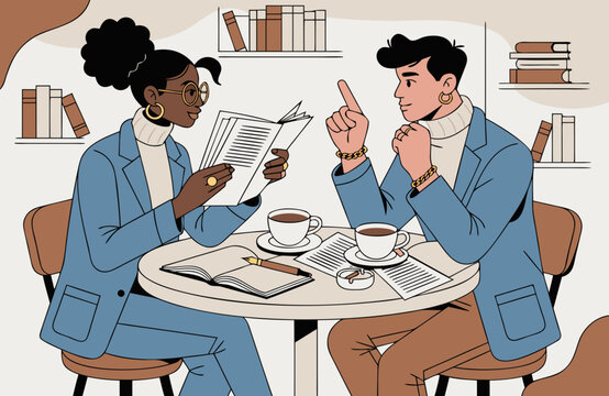 Stylish poets discussing literature over coffee with books, papers and notebooks in a cozy poetcore inspired literary setting