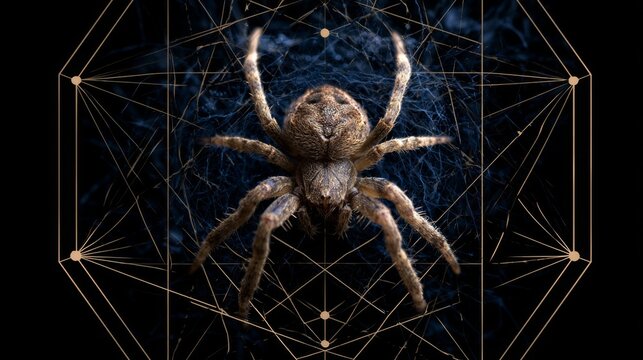 Close-Up of a Spider Crawling on Web with Abstract Geometric Background Design in Dark Colors and Intricate Patterns