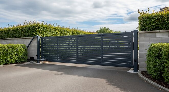 Closed dark grey metal sliding gate with horizontal slats in front of a modern residential fence and driveway