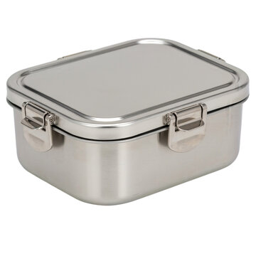 A rectangular stainless steel food storage container with a locking lid isolated on transparent background