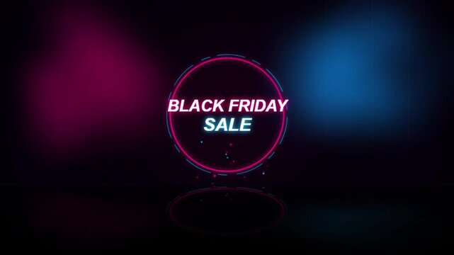 Black Friday sale glowing neon circle animation with pink and blue smoke and floor reflection on dark background.