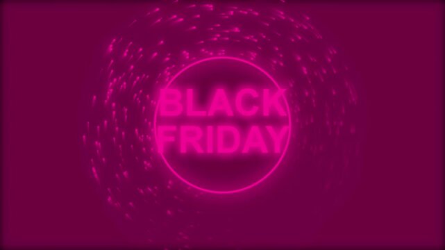 Black Friday sale promotion animation with glowing pink neon circle and swirling light particles.