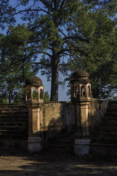 View of Tilla Jogian Archaeological Site with historic stone pillars and stairs under large pine trees in Dina, Punjab, Pakistan.