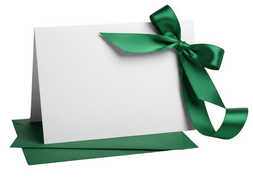 Green ribbon on white envelope card isolated on transparent background