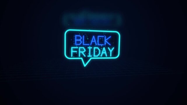 Black Friday glowing blue neon speech bubble with text on dark cyber grid background animation.