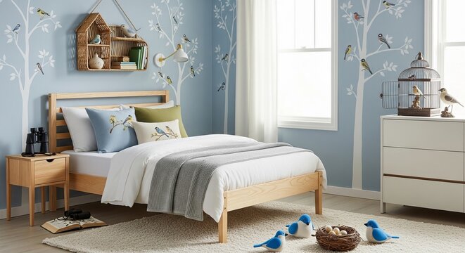 Soft blue and white minimal kids bedroom with single bed and natural light