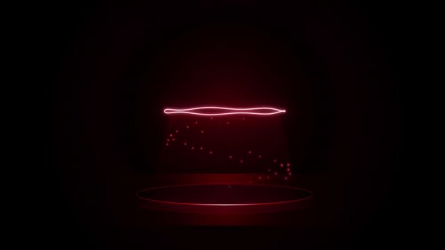 Empty red neon podium stage with spotlight and floating glowing particles for product presentation animation on dark background.