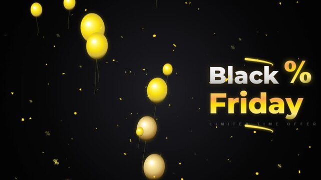 Black Friday limited time offer sale promotion animation with falling yellow balloons, percent signs and confetti on dark background.