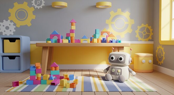 Modern kids playroom setup featuring wooden table with bright building blocks, toy robot on carpeted floor, gear and sun wall art, and warm sunny ambiance
