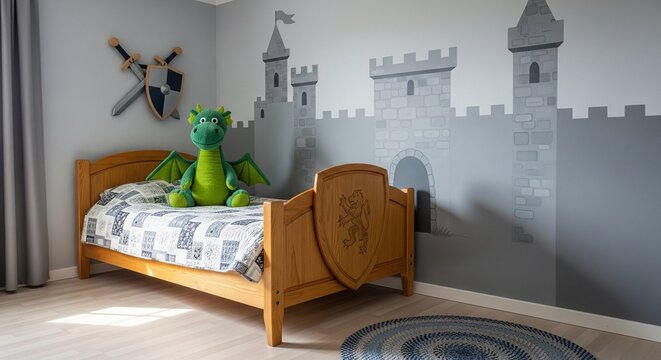 Cozy boy bedroom with gray castle wall painting, wooden single bed with shield detail, cute green dragon stuffed animal, and natural lighting