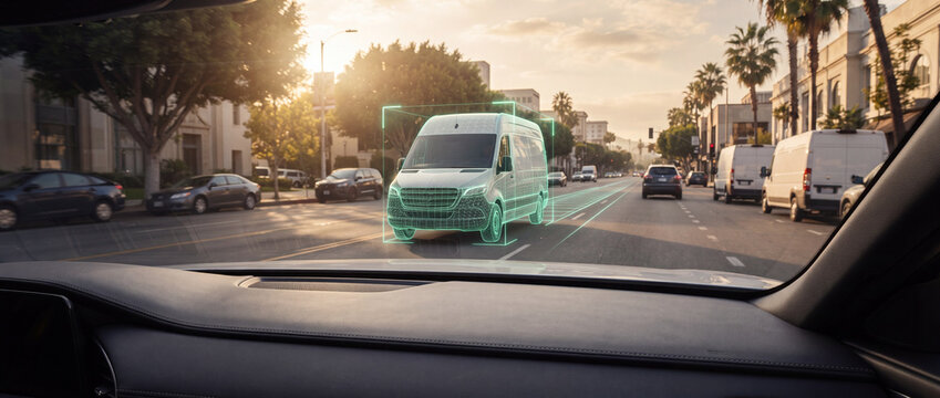 Autonomous driving system detecting vehicle ahead with green 3D wireframe HUD overlay from driver point of view on a city street, ideal for automotive AI and smart mobility concepts