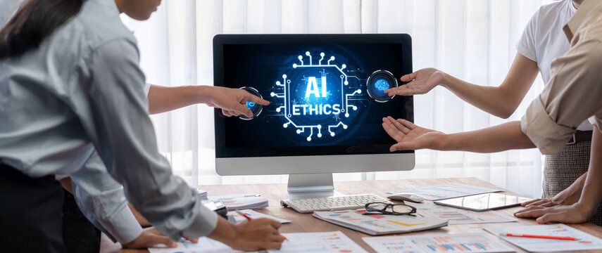 AI ethics responsibility standard law and rules on computer screen provide report of AI ethic transparency preventing technology crime. brisk