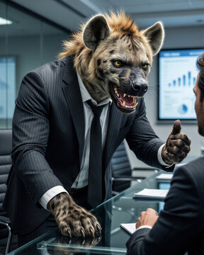 A spotted hyena in a pinstripe suit leans forward yelling with distinctive cackling expression and narrowed yellow eyes, showing sharp cunning fury in cool dramatic meeting room lighting.