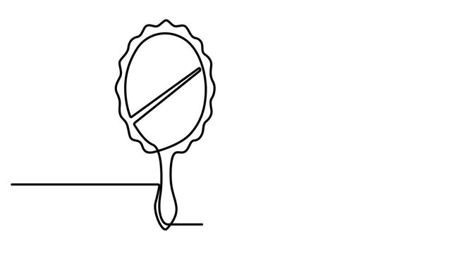 Animated Hand mirror in continuous one line drawing style minimalist black and white illustration, Mirror continuous one line drawing animation, self drawing a tabletop makeup mirror. 4k video
