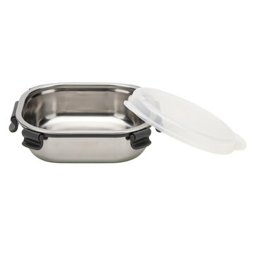 Stainless steel food container with a clear plastic lid isolated on transparent background