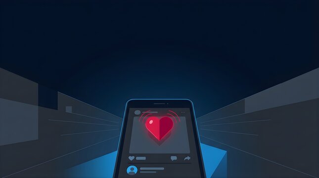 Red heart icon on mobile phone screen for social media engagement