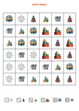 Happy Diwali dice crossout activity kids printable with festival icons  
