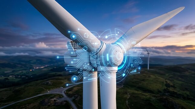 Wind turbine with futuristic glowing circuit patterns on blades and hub, illustrating smart technology integration for renewable energy generation and environmental sustainability.