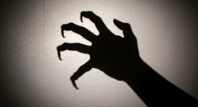 Scary shadow of a hand with long sharp claws cast on a textured indoor wall surface