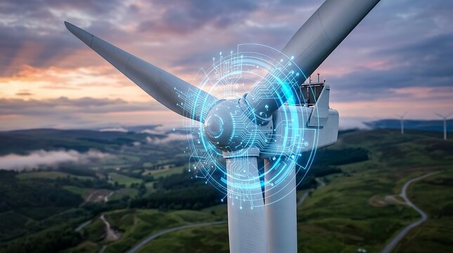 Digital wind turbine with glowing circuits and futuristic interface representing renewable energy technology and smart grid integration for sustainable power generation and industrial innovation.