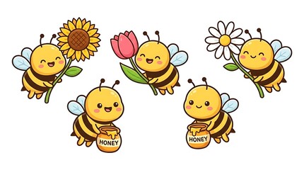 Fototapeta premium Honey bee characters with spring flowers.