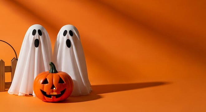 Two ghostly figures with a jack o lantern on orange background for halloween