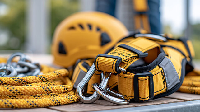 Full-body fall protection harness with safety belt, hooks and lifeline equipment arranged on a construction platform, working at height, occupational safety, fall prevention, PPE
