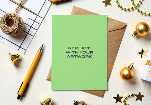 Vertical greeting card mockup on a brown envelope with gold holiday ornaments and stationery, flat lay composition for design presentation, Template, branding print