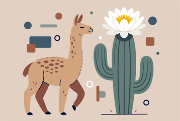 Naklejka premium Charming desert scene illustration featuring a brown llama walking next to a tall saguaro cactus with a large white flower.