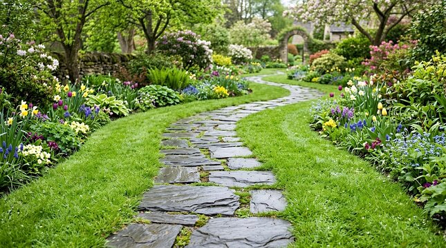 Garden path constructed from natural flat dark grey layered stone tiles cutting through fresh spring lawn growth background walkway slate path stone tile pavement garden spring backyard outdoor