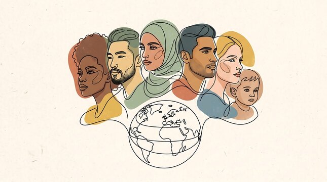 Diverse group of people connected to globe illustration