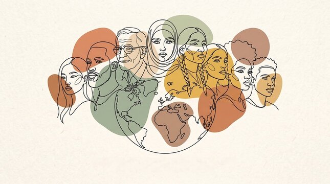 Diverse people line art illustration with world map background