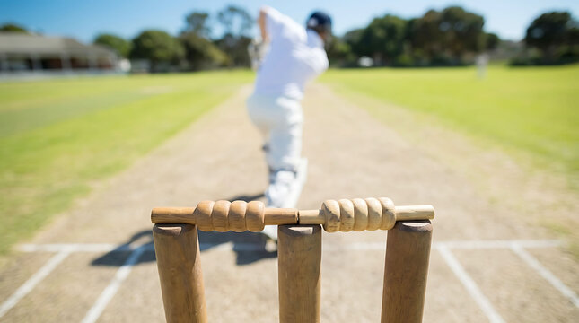 A cricket batsman standing at the crease ready to play a shot on a sunny day at the pitch