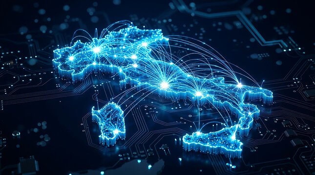 Luminous outline of Italy map with glowing blue connections, representing digital network, data transfer, and connectivity across country for technology concepts.