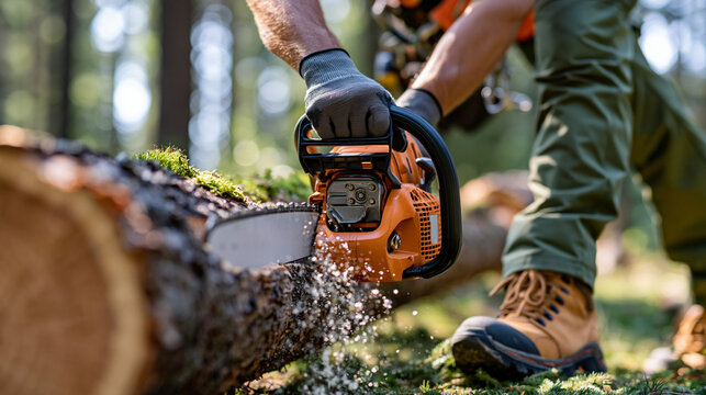 Professional worker using a chainsaw to cut a fallen tree trunk in a dark forest after a storm, forestry maintenance, wood removal, tree service, protective equipment, manual