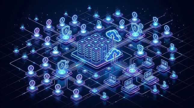 Abstract network of interconnected devices and servers with icons for security, users, and cloud computing representing a secure digital infrastructure and distributed systems concept.