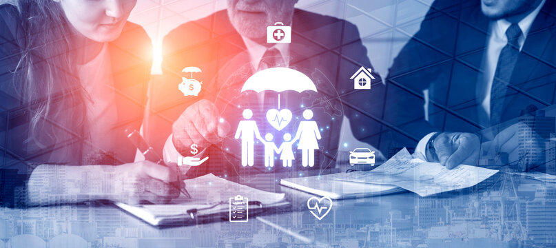 Concept of comprehensive insurance coverage and financial planning. A policy that provides life, health, and asset protection for a family's security and risk management. Fermion
