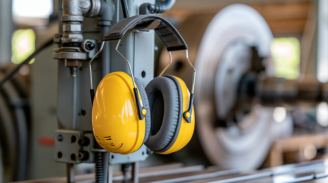 Industrial hearing protectors hanging from machinery inside a factory workshop, personal protective equipment, noise reduction, occupational health, workplace safety, industrial