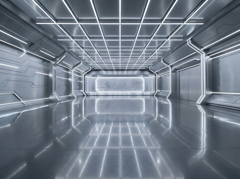 Futuristic empty spaceship corridor with metallic walls and glowing neon ceiling lights