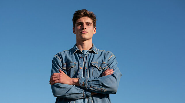 Junger Mann im Jeanshemd blickt ernst vor klarem blauen Himmel