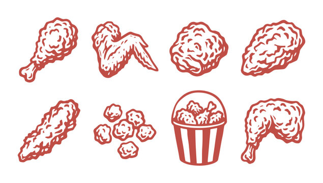 Set of hand drawn fried chicken pieces and bucket icons on white background