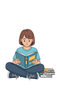 Girl sitting cross-legged reading a book.