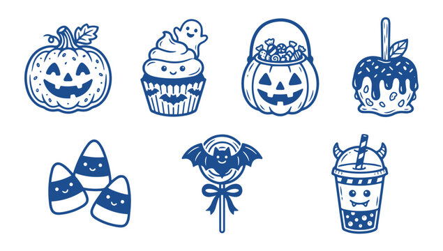 Cute Halloween set with kawaii pumpkin candy cupcake ghost lollipop and trick or treat icons