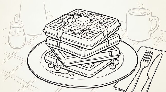 Hand Drawn Line Art Illustration of Stacked Breakfast Grid Cakes in Outline Style Background waffle breakfast stack grid pastry food drawn sketch line art outline cartoondoodle bakery sweet