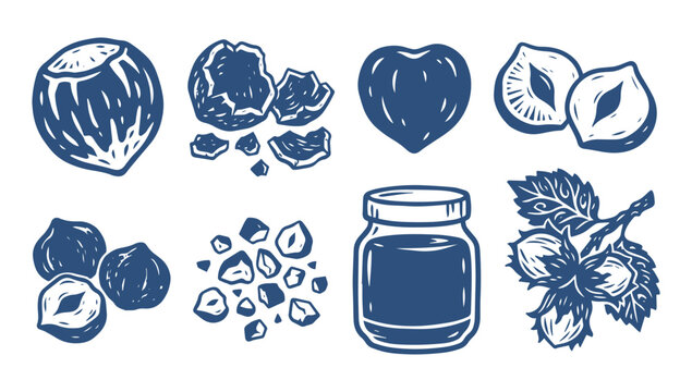 Set of hand drawn hazelnut icons and hazelnut spread jar for organic food design
