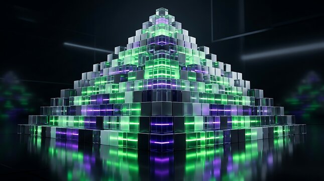 Futuristic pyramid composed of glowing cubes in vibrant green and purple neon lights against dark background symbolizing technology and data.