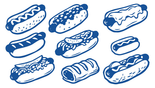 Hand drawn blue line art hot dog illustrations set isolated on white background