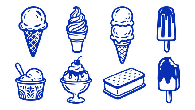 Set of hand drawn ice cream icons and delicious frozen dessert vector illustrations